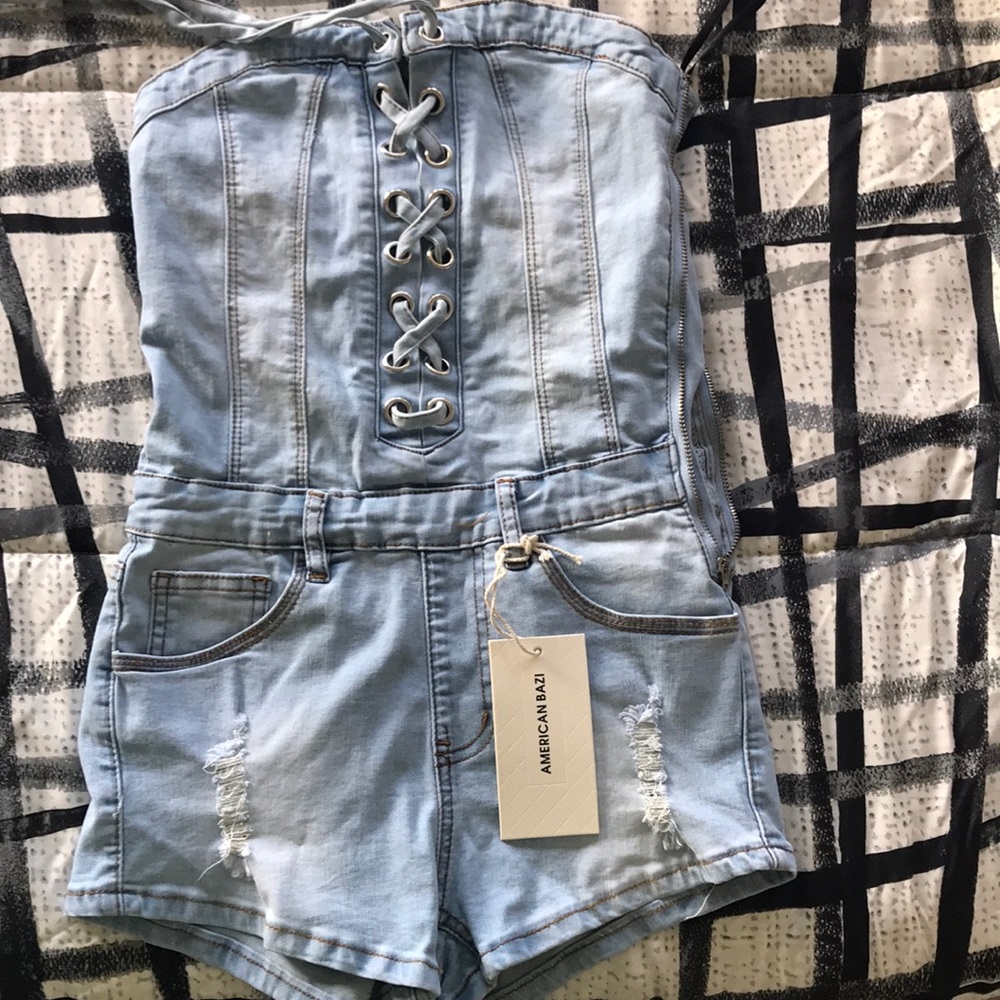Fashion Nova Jean Romper- SMALL